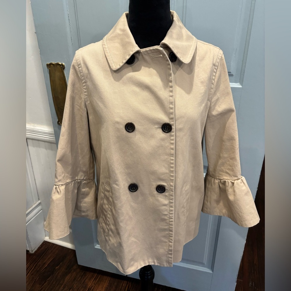 Draper James Beige Double-Breasted Pea Coat with Ruffled Sleeves